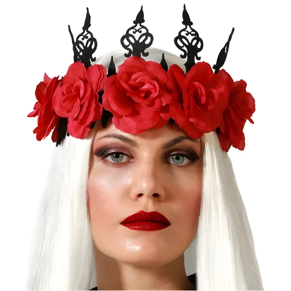 Diadema de flores rojas y puntas negras